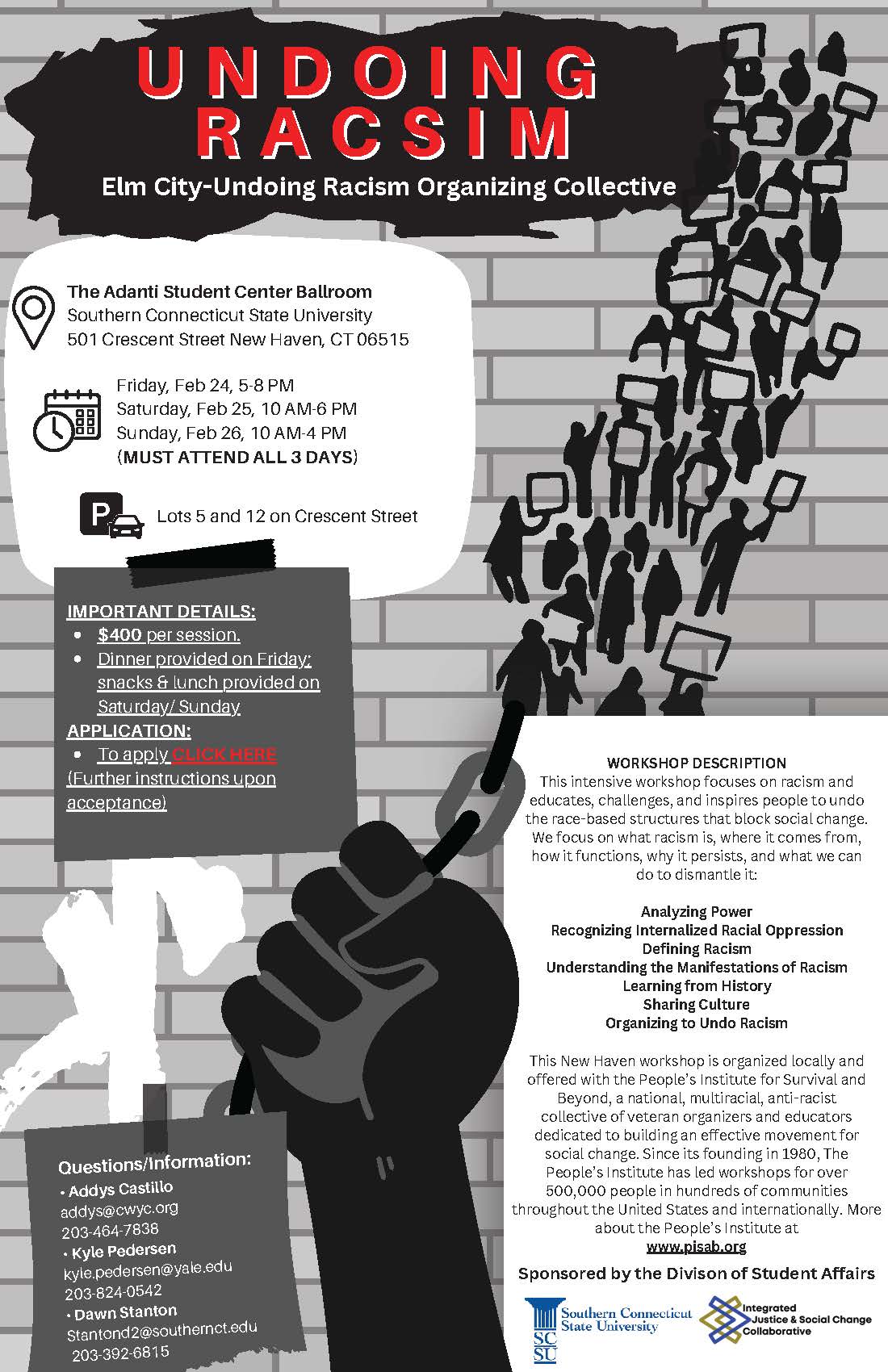 Flier advertising the Undoing Racism workshop Feb 24-26, 2023 at SCSU. With registration link.