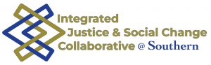 Logo of interlocking olive and blue chevrons with text: Integrated Justice and Social Change Collaborative