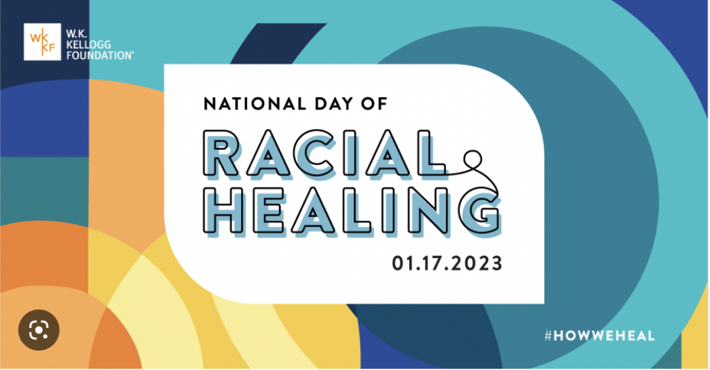 WK Kellogg Foundation logo for National Day of Racial Healing 2023. A multicolored rectangle with white and blue lettering Date 1/17/2023