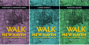Three covers of the Ethnic Heritage Center's Walk New Haven Cultural Heritage Tour Books. Purple, turquoise, and green