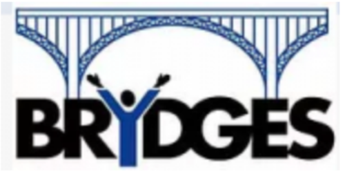 Logo BRYDGES with a bridge and a person with arms raised